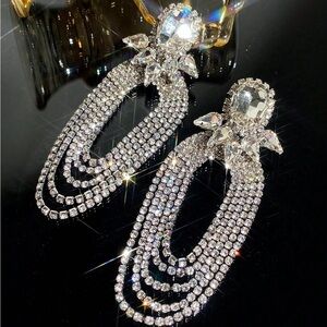 Women's Rhinestones Long Tassel Layered Dangle Hoop Earrings